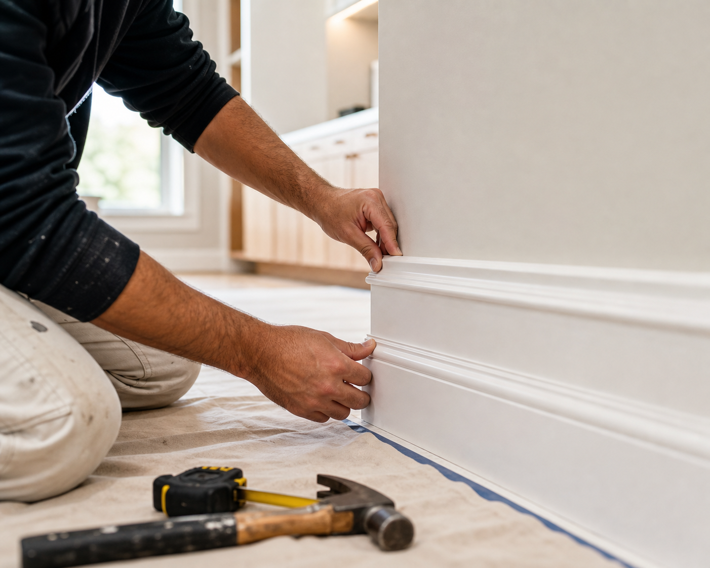Craftsman installing clean interior trim in a protected room